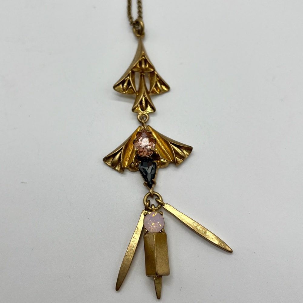 J. Crew Gold w Pink & Smoke Rhinestone Art Deco Necklace 28”